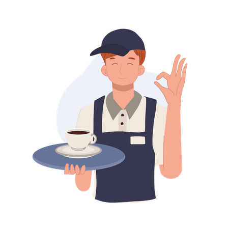 Waiter carrying a tray with coffee is doing okay hand sign  Illustration