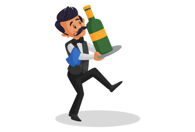 Waiter carrying champagne bottle on the plate Illustration