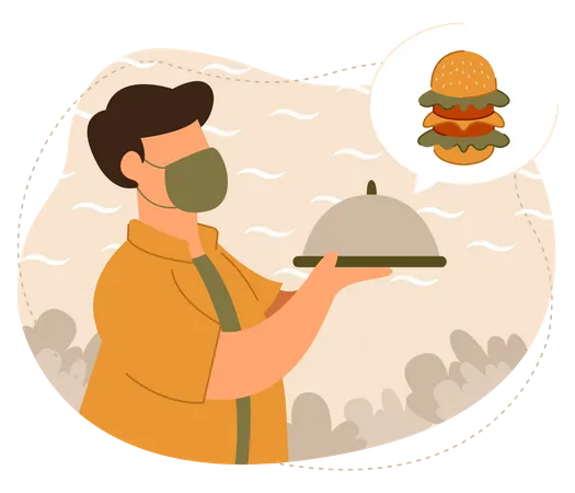 Waiter carrying food wearing a face mask Illustration