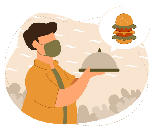 Waiter carrying food wearing a face mask  Illustration