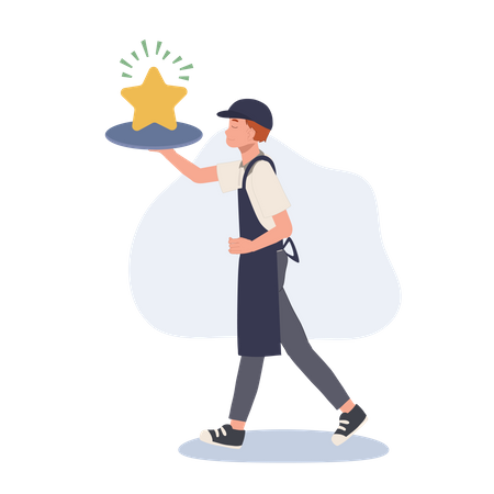 Waiter carrying golden shining star on tray  Illustration