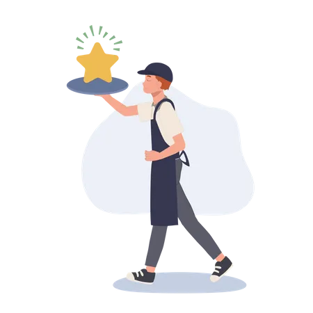 Waiter carrying golden shining star on tray  Illustration