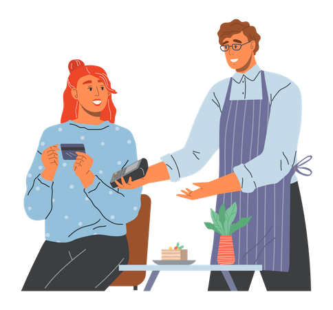 Waiter giving customer swiping machine for payment  Illustration