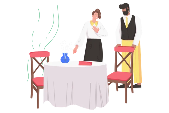Waiter greets female visitor Illustration