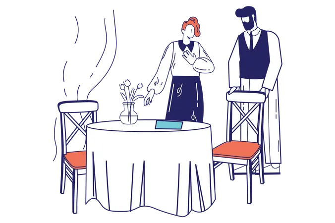 Waiter greets female visitor Illustration