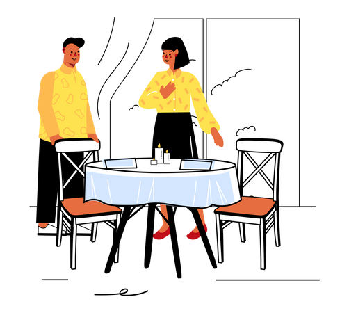 Waiter greets female visitor  Illustration