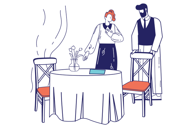 Waiter greets female visitor  Illustration