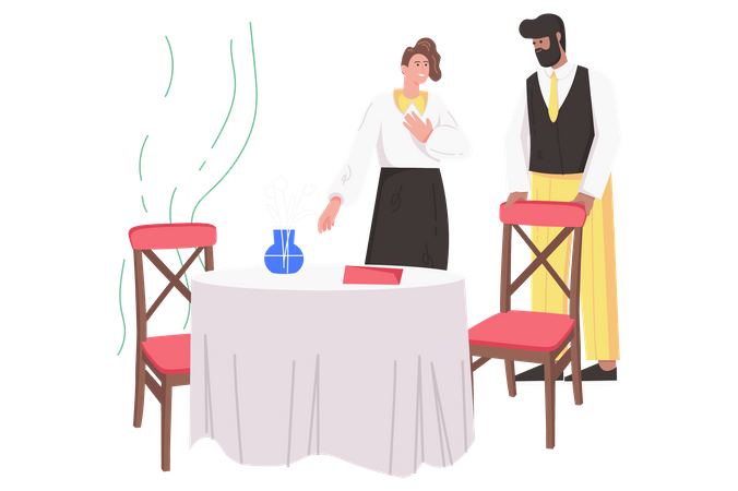 Waiter greets female visitor  Illustration