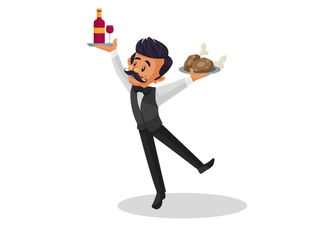 Waiter holding a chicken in one hand and a bottle plate in the other hand  Illustration