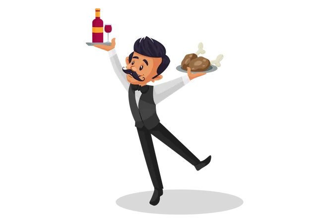 Waiter holding a chicken in one hand and a bottle plate in the other hand Illustration