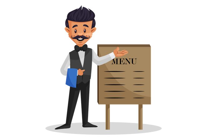 Waiter holding a cloth in hand and showing menu on board  Illustration