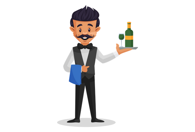 Waiter holding a cloth in one hand and a plate with champagne bottle in other hand  Illustration