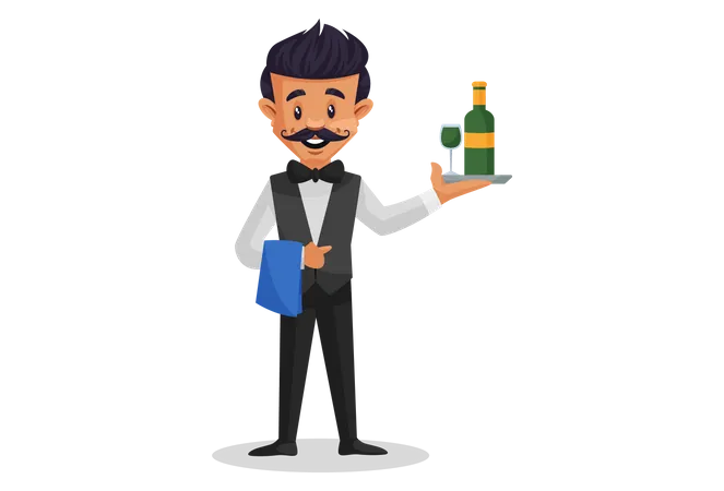 Waiter holding a cloth in one hand and a plate with champagne bottle in other hand  Illustration