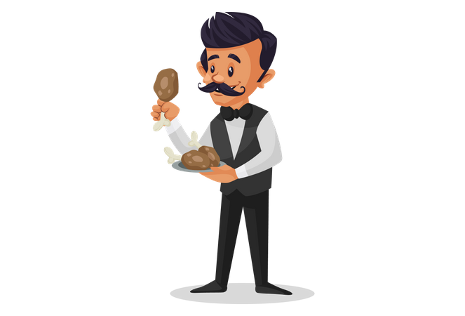 Waiter holding chicken leg pieces on plate  Illustration