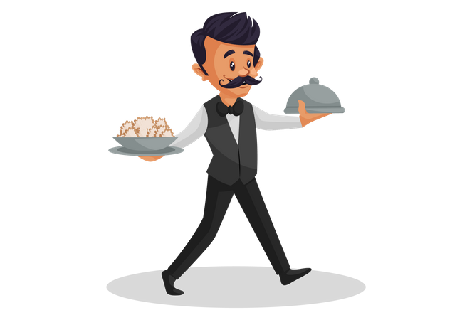 Waiter holding cloche plate in one hand and food on other hand Illustration