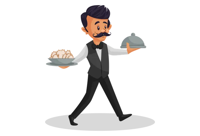 Waiter holding cloche plate in one hand and food on other hand  Illustration