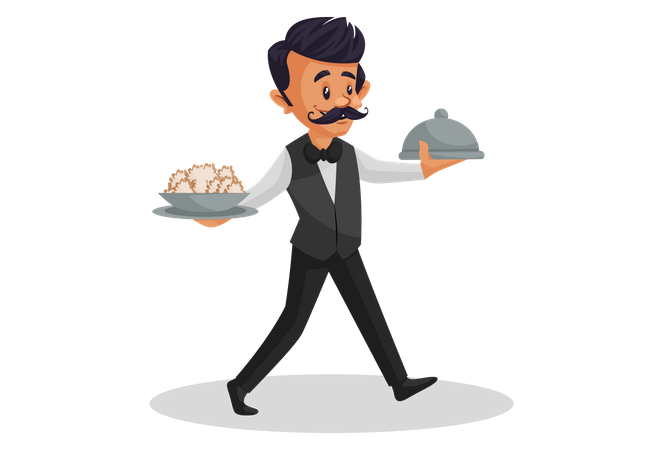 Waiter holding cloche plate in one hand and food on other hand  Illustration