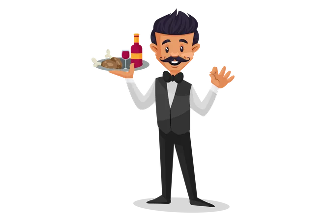 Waiter holding food and bottle plate in one hand and waving other hand Illustration