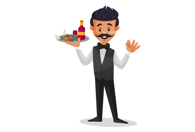 Waiter holding food and bottle plate in one hand and waving other hand  Illustration