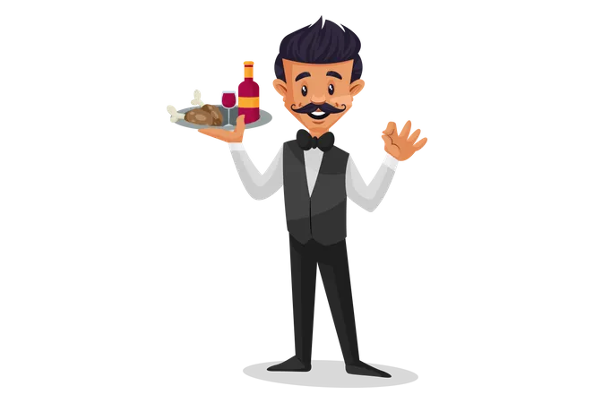 Waiter holding food and bottle plate in one hand and waving other hand  Illustration