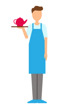 Servant Wearing Special Uniform With Apron Vector Worker Carrying Kettle With Tea Person Working In Cafe Eatery Staff Employee Serving People Illustration
