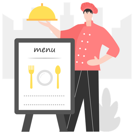 Waiter holding recipe dish near restaurant big menu  Illustration