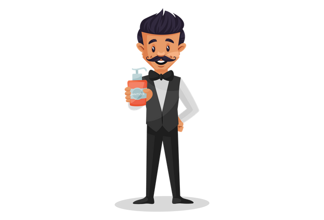 Waiter holding sanitizer bottle in hand Illustration