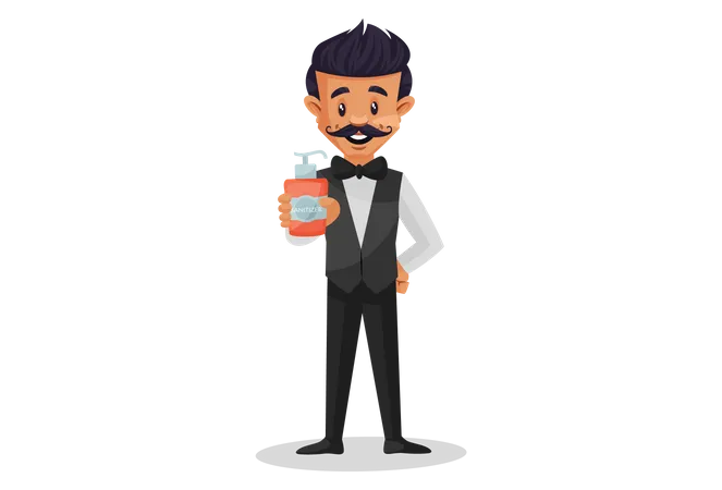 Waiter holding sanitizer bottle in hand Illustration