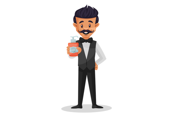 Waiter holding sanitizer bottle in hand  Illustration