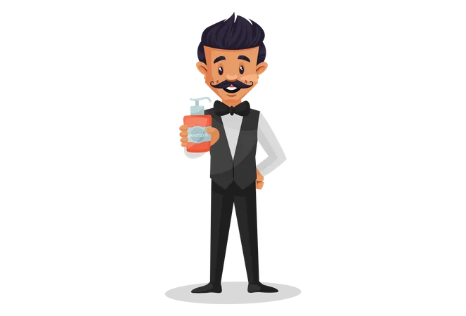 Waiter holding sanitizer bottle in hand  Illustration