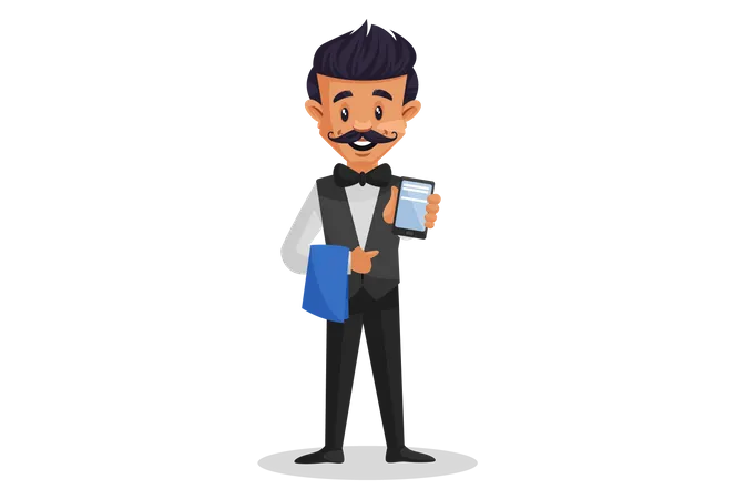 Waiter holding the cloth in one hand and showing mobile in other hand for online billing  Illustration