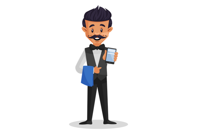 Waiter holding the cloth in one hand and showing mobile in other hand for online billing  Illustration