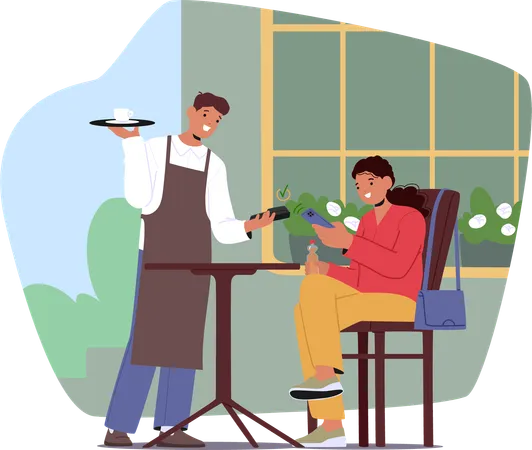 Waiter Holds  Tray And Card Machine Processes  Contactless Payment For Seated Customer  Illustration