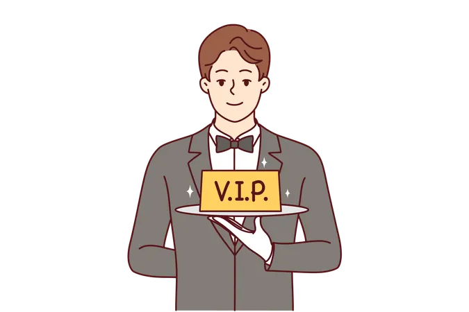 Man Restaurant Waiter Holds Vip Sign On Tray Offering To Book Table With Personalized Service Guy In Suit And White Gloves Works As Professional Waiter In Catering Company With Vip Clients イラスト