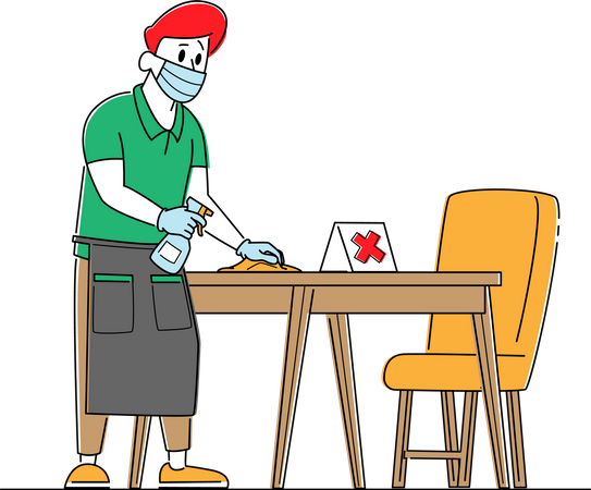 Waiter in Protective Face Mask and Gloves Disinfecting Tables at Cafe or Restaurant  Illustration