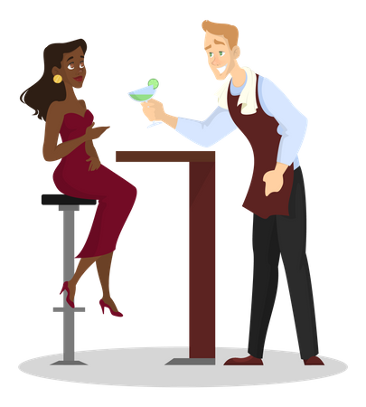 Waiter in the uniform holding cocktail for young beautiful woman Illustration