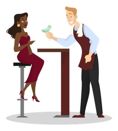 Waiter in the uniform holding cocktail for young beautiful woman  Illustration