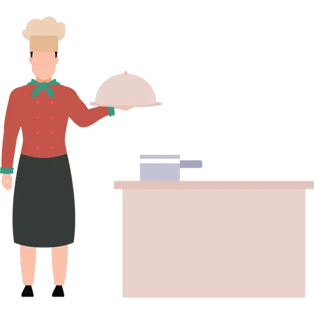 Waiter is standing in the kitchen  Illustration