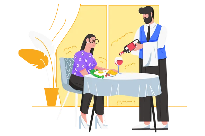 Waiter pours wine into glass of visitor  Illustration