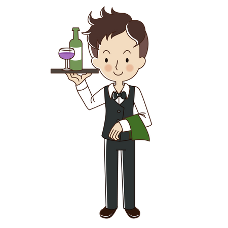 Waiter serve glass of wine and bottle of wine  Illustration