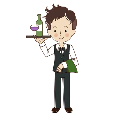 Waiter serve glass of wine and bottle of wine  Illustration