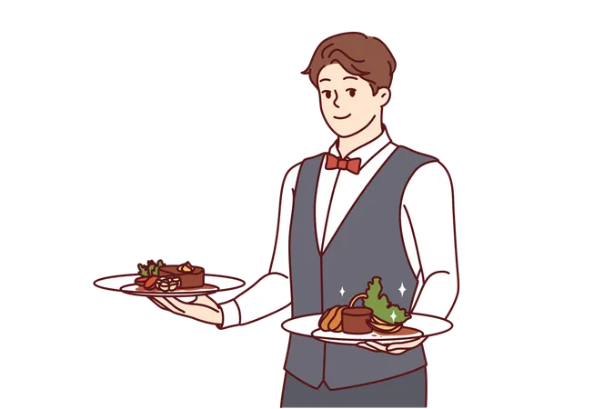 Man Waiter Holds Plates Of Desserts And Invites You To Go To Gourmet Restaurant Dressed In Vest And Bow Tie Guy Works As Waiter In Hotel And Takes Out Food Prepared By Chef For Banquet Visitors Illustration