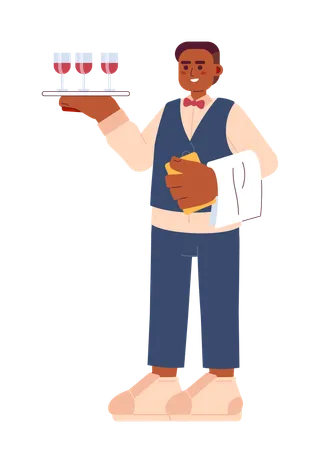 Waiter Serving Cartoon Flat Illustration African American Male Restaurant Server With Tray 2 D Character Isolated On White Background Sommelier Man Catering Wedding Scene Vector Color Image Illustration