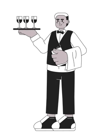 Waiter Serving Black And White Cartoon Flat Illustration African American Male Restaurant Server With Tray Linear 2 D Character Isolated Sommelier Catering Wedding Monochromatic Scene Vector Image Illustration