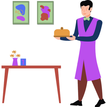 Waiter serving dish Illustration