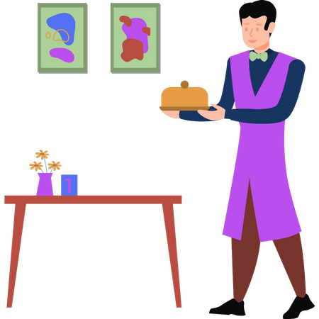 Waiter serving dish  Illustration