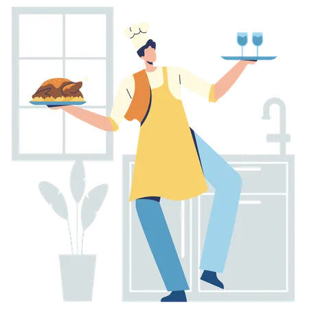 Waiter Serving dishes in restaurant  Illustration