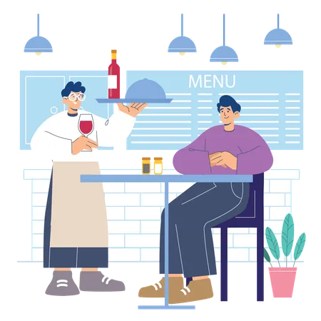 Waiter serving food and alcohol  Illustration