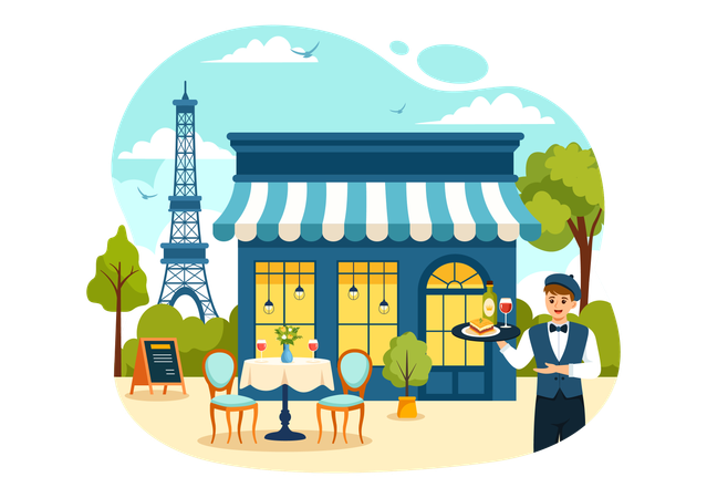 Waiter serving food at French Food Restaurantal  Illustration