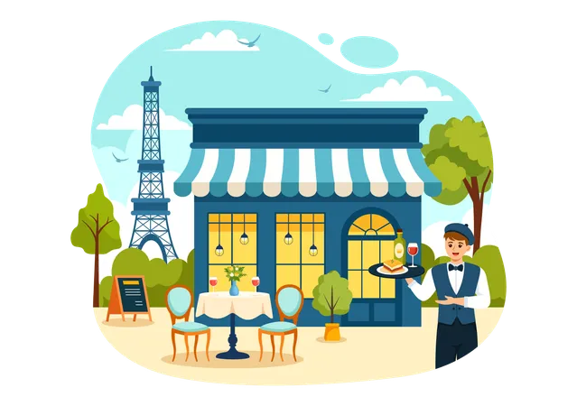 Waiter serving food at French Food Restaurantal  Illustration